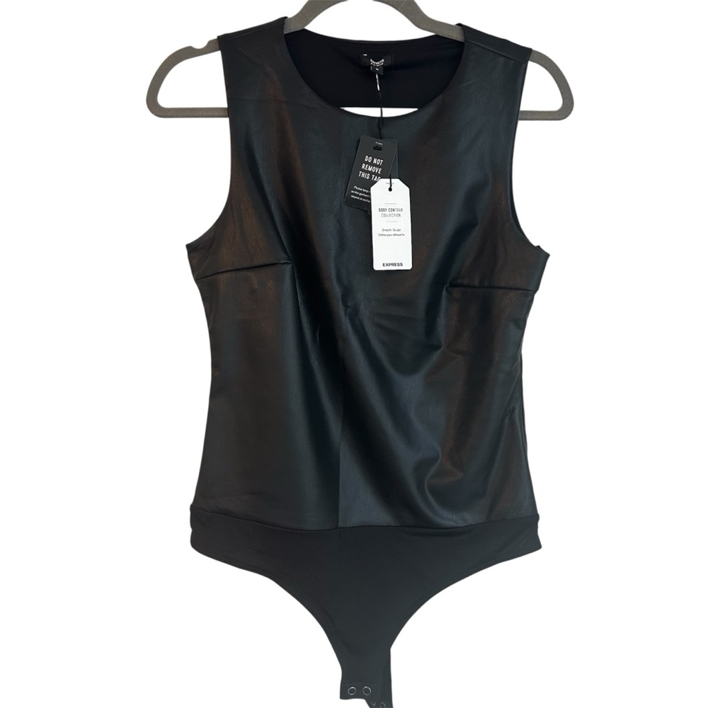 Express Black Faux Leather Sleeveless Bodysuit, Medium.